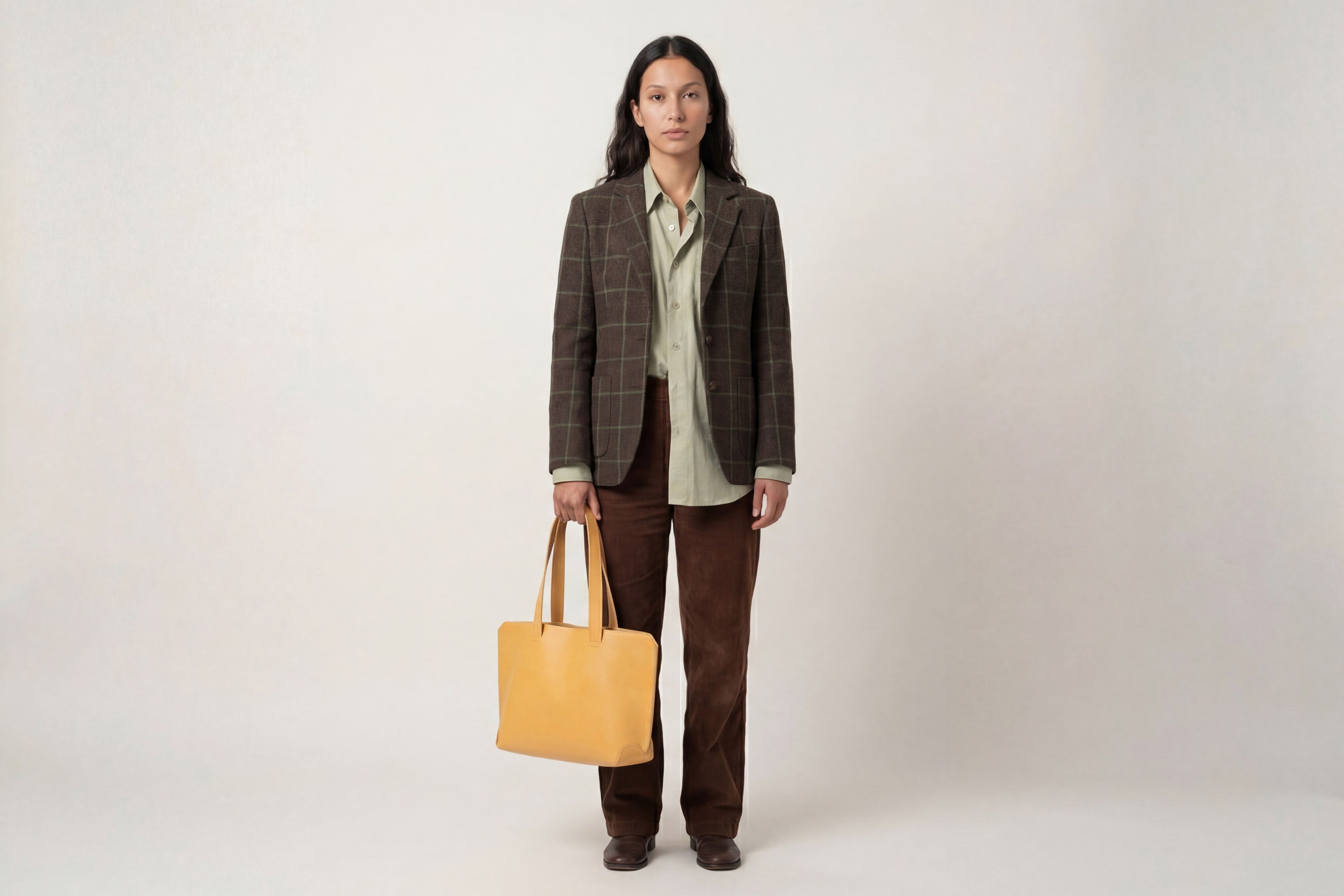 Tote Bag Leather Brown Color On A Woman Model Vegetable Tanned Leather Natural Minimalistic Design By Manuel Dreesmann Atelier Madre Barcelona Spain