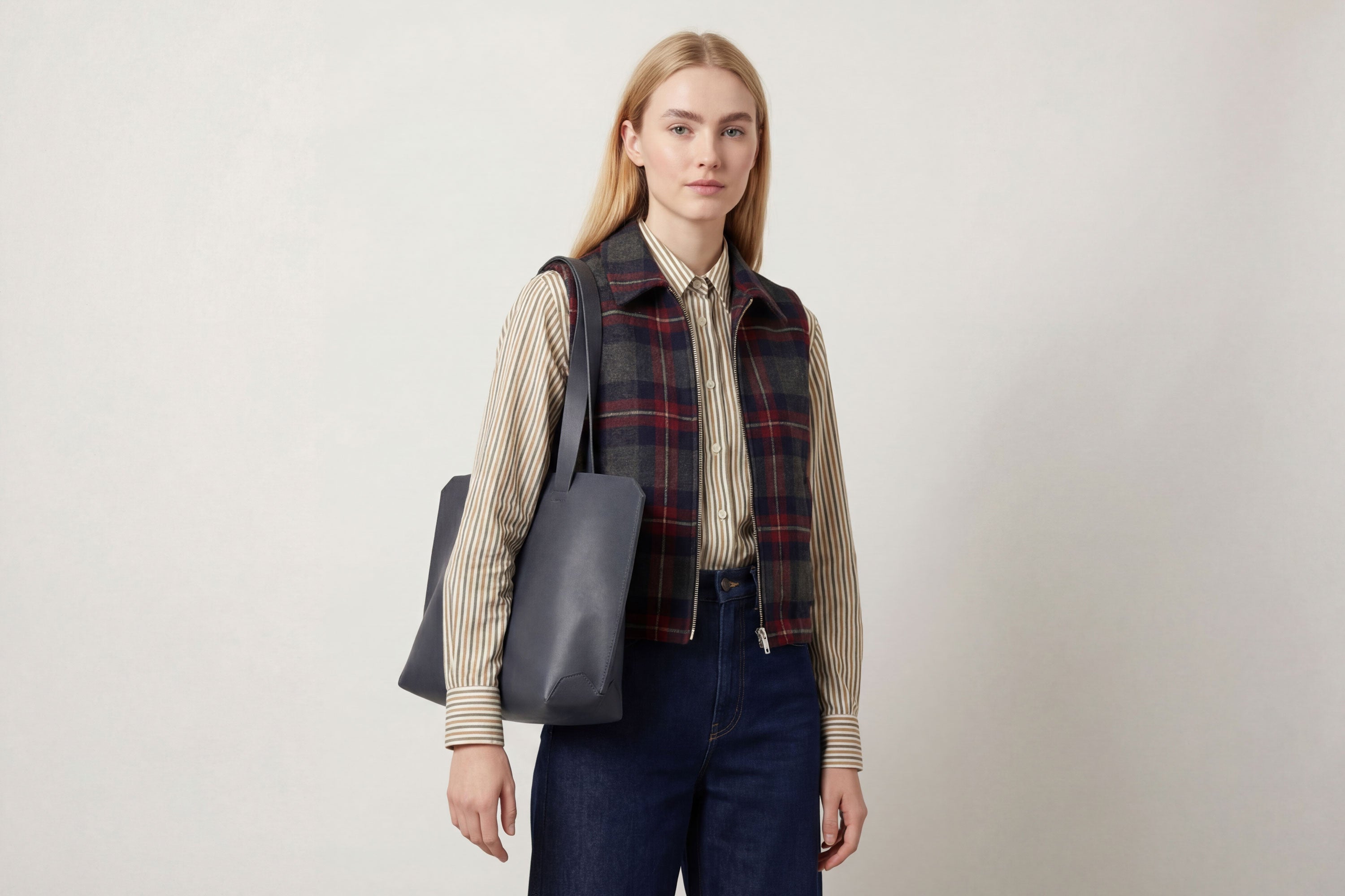 Tote Bag Leather Marine Blue Color On A Woman Model Vegetable Tanned Leather Natural Minimalistic Design By Manuel Dreesmann Atelier Madre Barcelona Spain