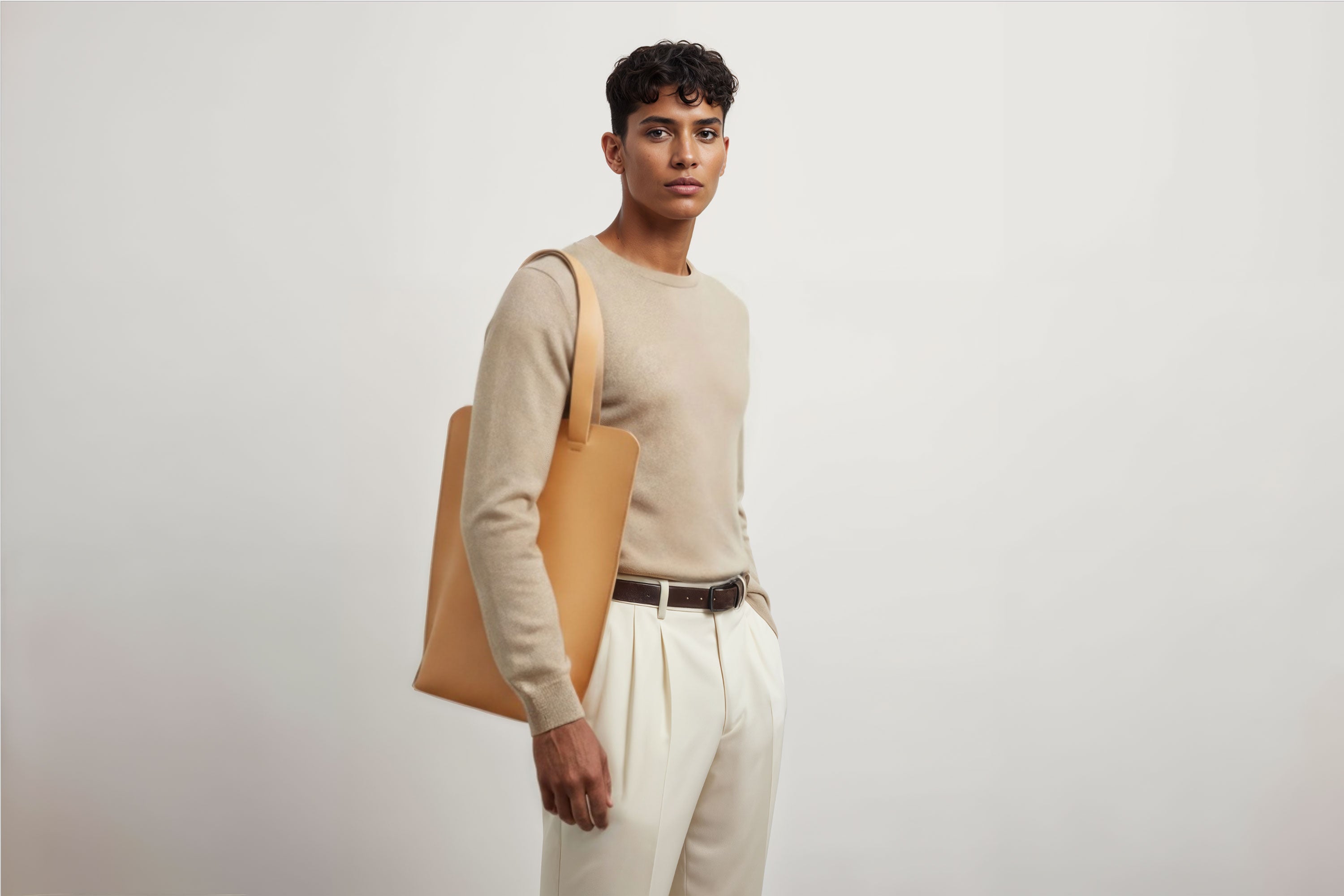 Tote Bag Long Brown Color Leather Bag On A Man Model Vegetable Tanned Leather Exclusive Quality Craftsmanship Handmade Design By Manuel Dreesmann Atelier Madre Barcelona Spain