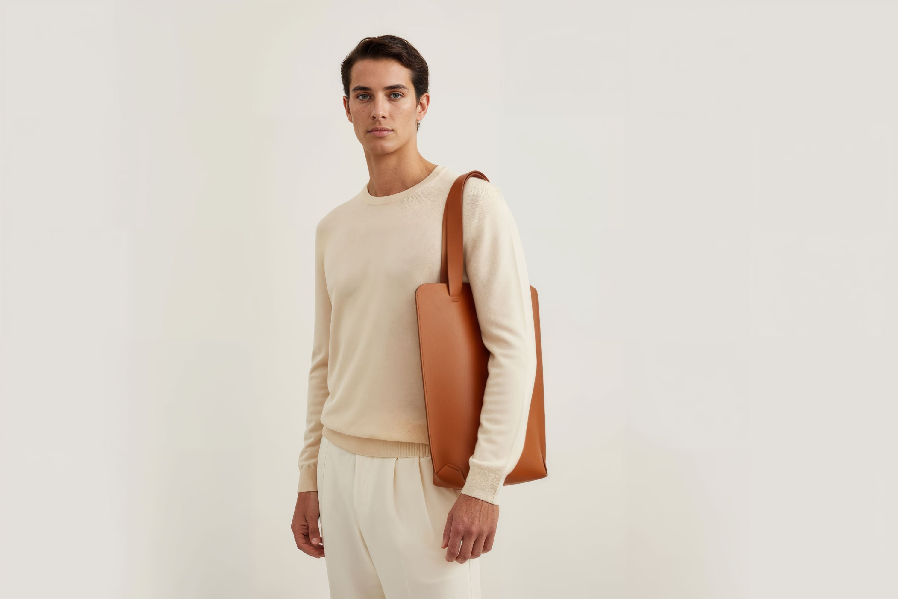 Tote Bag Long Dark Brown Color Leather Bag On A Man Model Vegetable Tanned Leather Exclusive Quality Craftsmanship Handmade Design By Manuel Dreesmann Atelier Madre Barcelona Spain