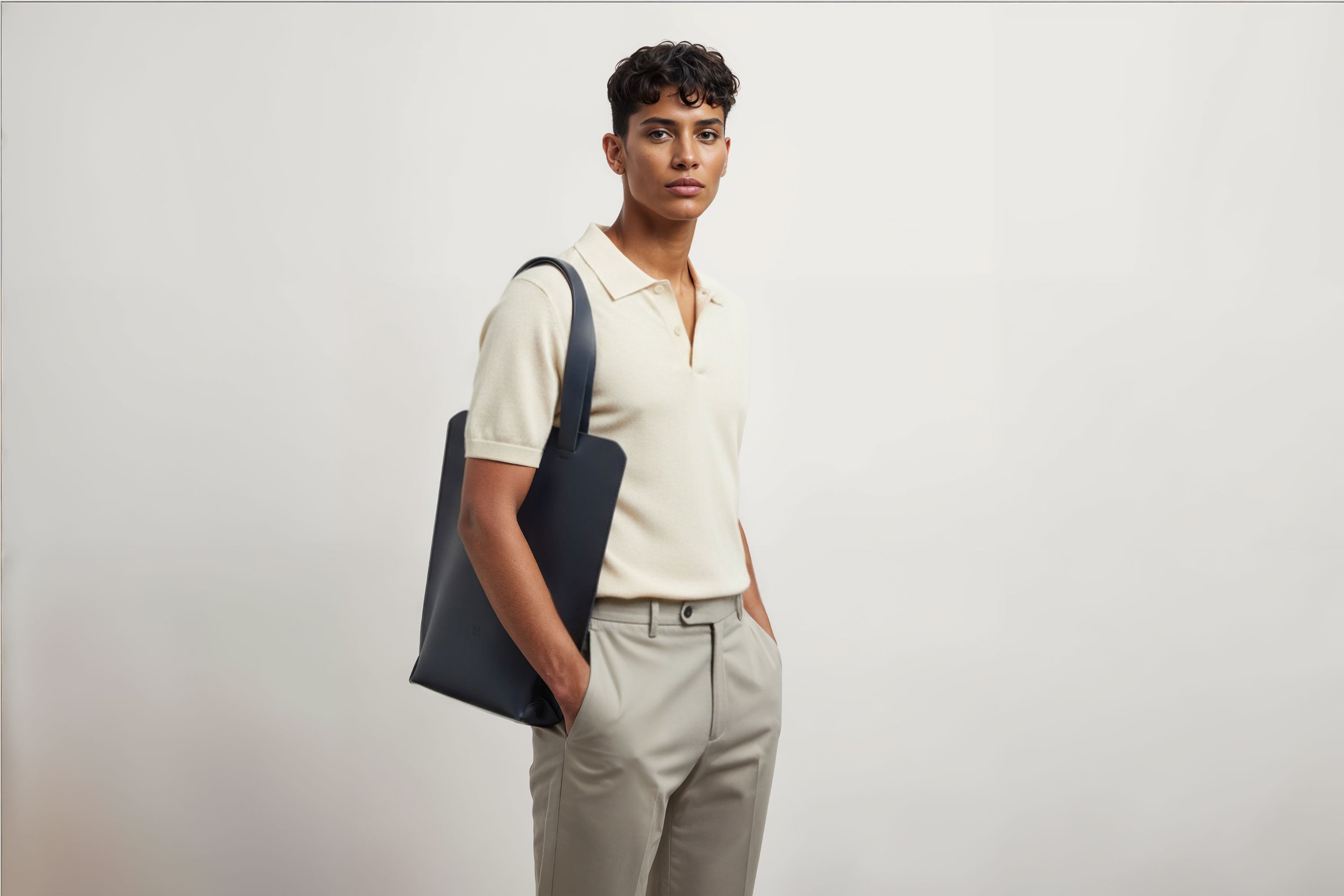 Tote Bag Long Marine Blue Color Leather Bag On A Man Model Vegetable Tanned Leather Exclusive Quality Craftsmanship Handmade Design By Manuel Dreesmann Atelier Madre Barcelona Spain
