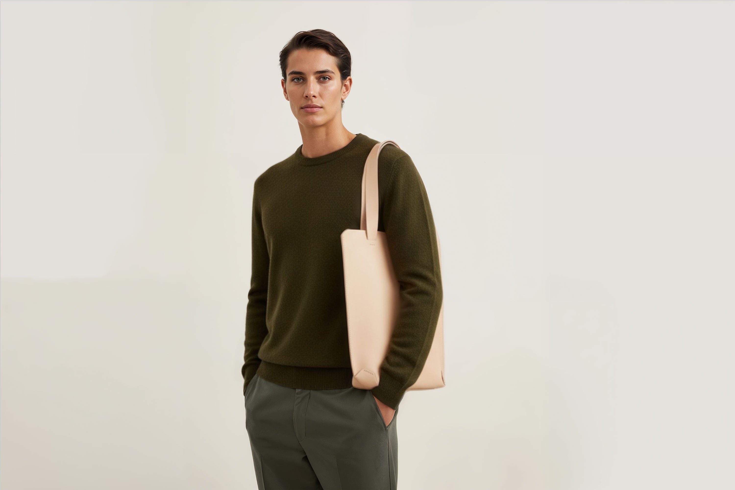 Tote Bag Long Natural Color Leather Bag On A Woman Model Vegetable Tanned Leather Exclusive Quality Craftsmanship Handmade Design By Manuel Dreesmann Atelier Madre Barcelona Spain