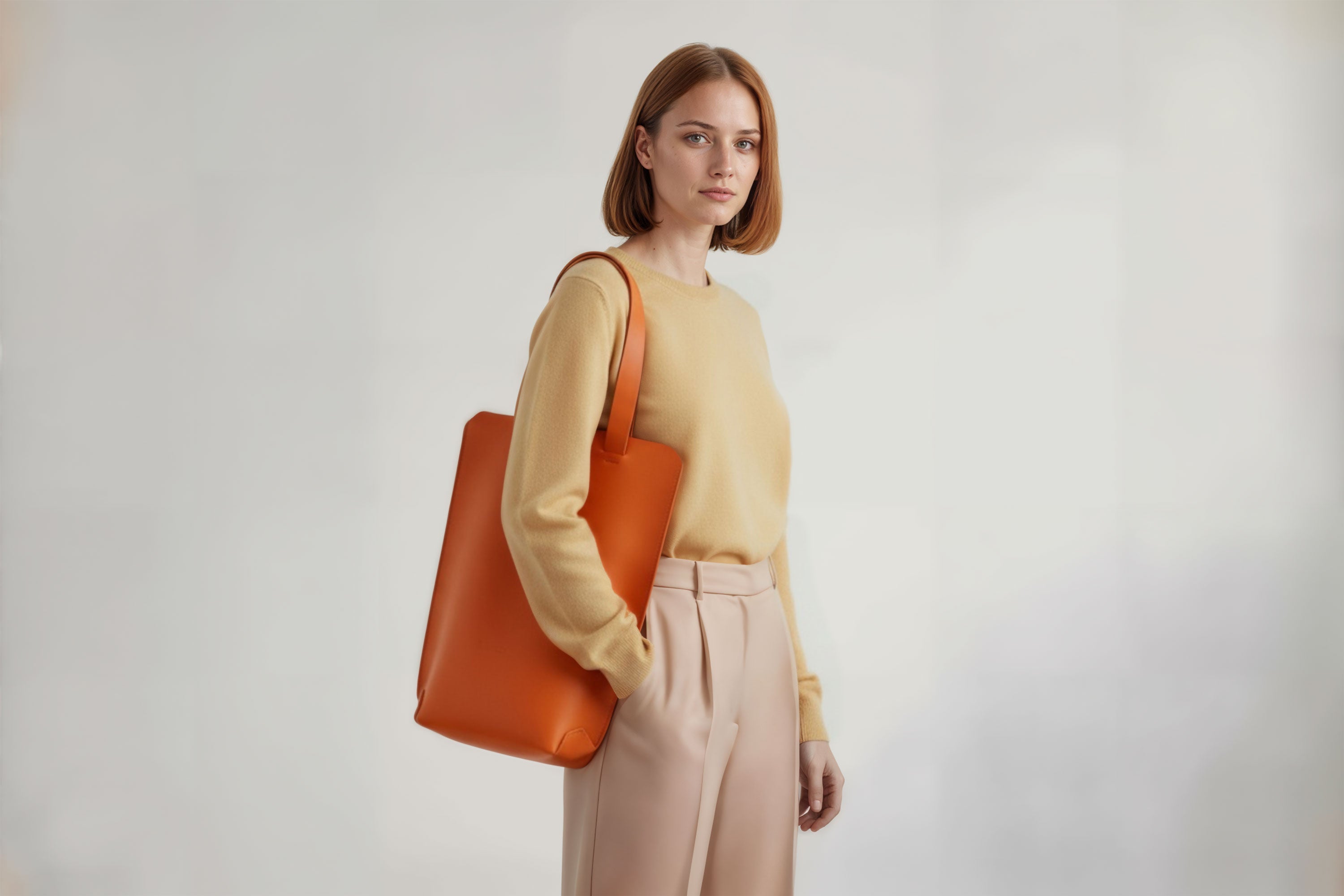 Tote Bag Long Orange Color Leather Bag On A Woman Model Vegetable Tanned Leather Exclusive Quality Craftsmanship Handmade Design By Manuel Dreesmann Atelier Madre Barcelona Spain