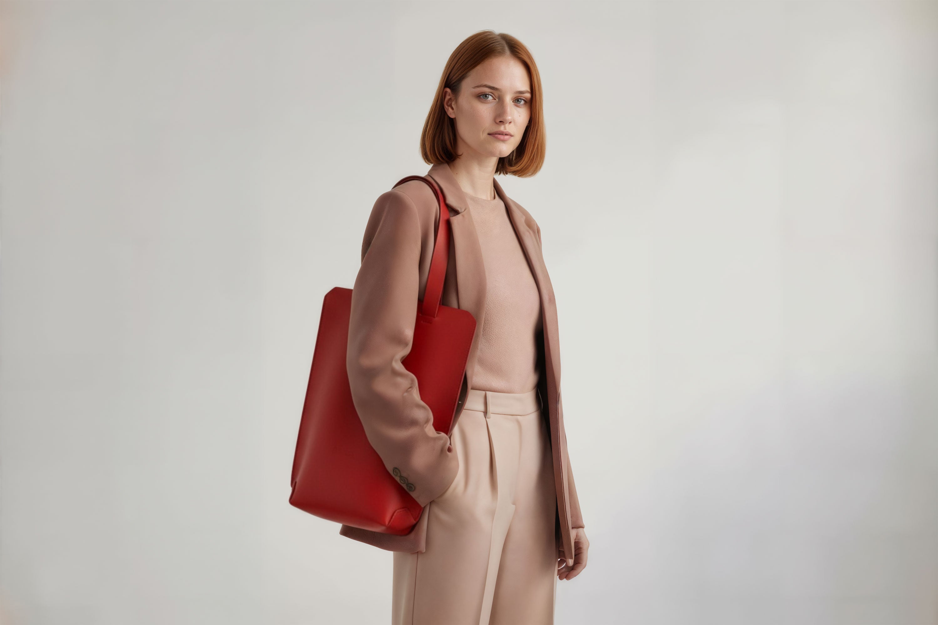 Tote Bag Long Red Color Leather Bag On A Woman Model Vegetable Tanned Leather Exclusive Quality Craftsmanship Handmade Design By Manuel Dreesmann Atelier Madre Barcelona Spain