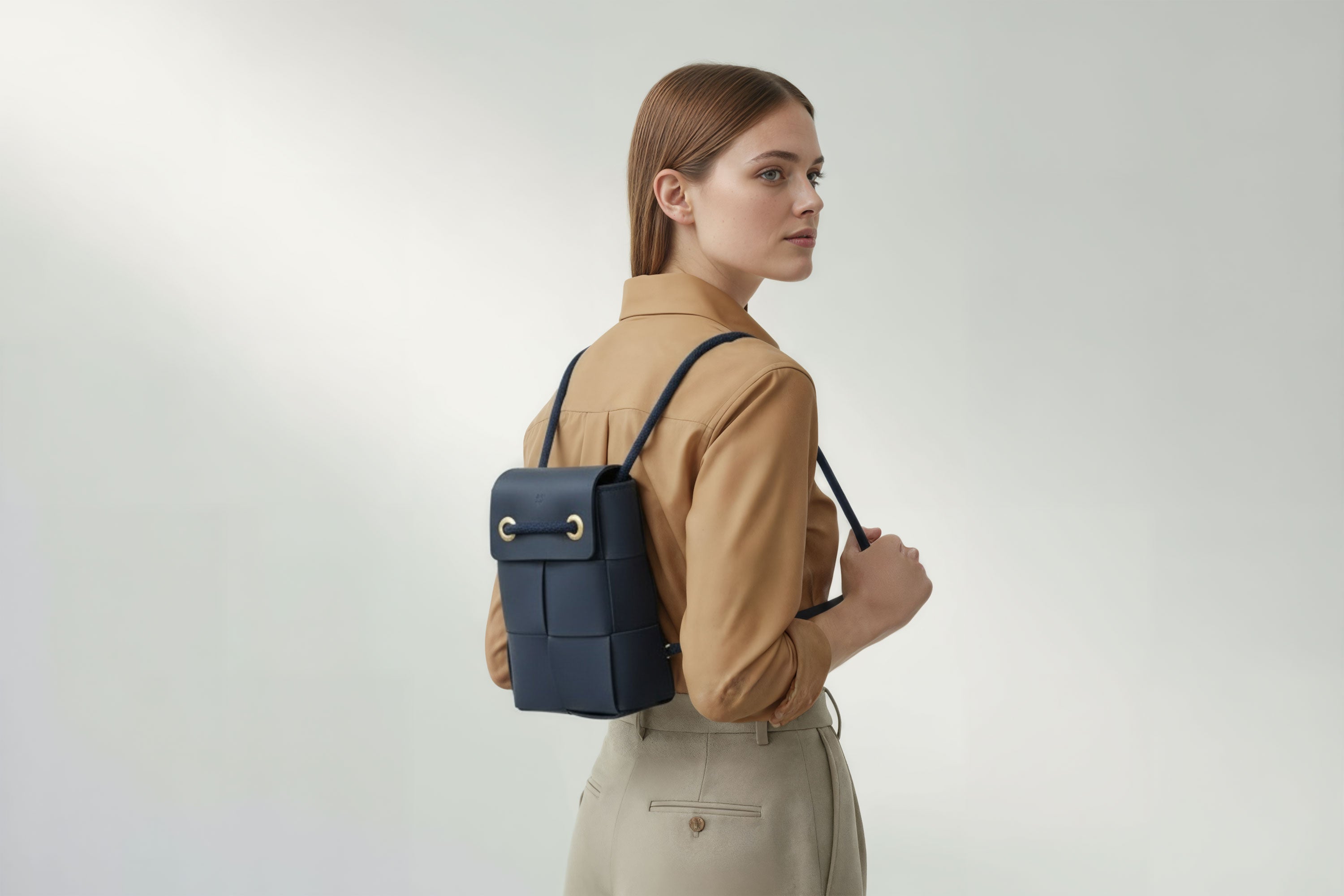 Woven Backpack Medium Marine Blue Leather On Model Minimalistic Design Atelier Madre Manuel Dreesmann Barcelona