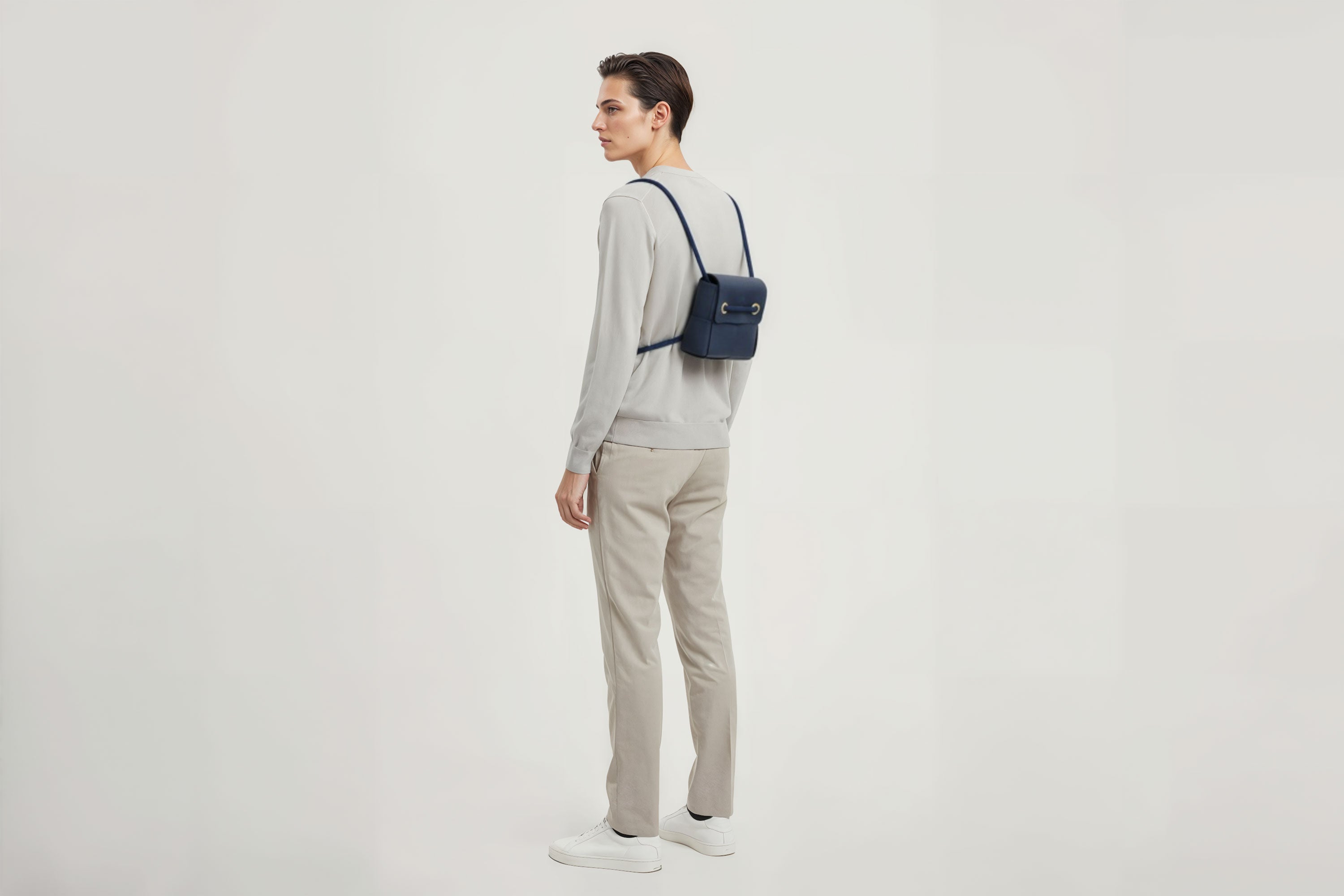Woven Backpack Small Marine Blue Leather On Model Minimalistic Design Atelier Madre Manuel Dreesmann Barcelona 