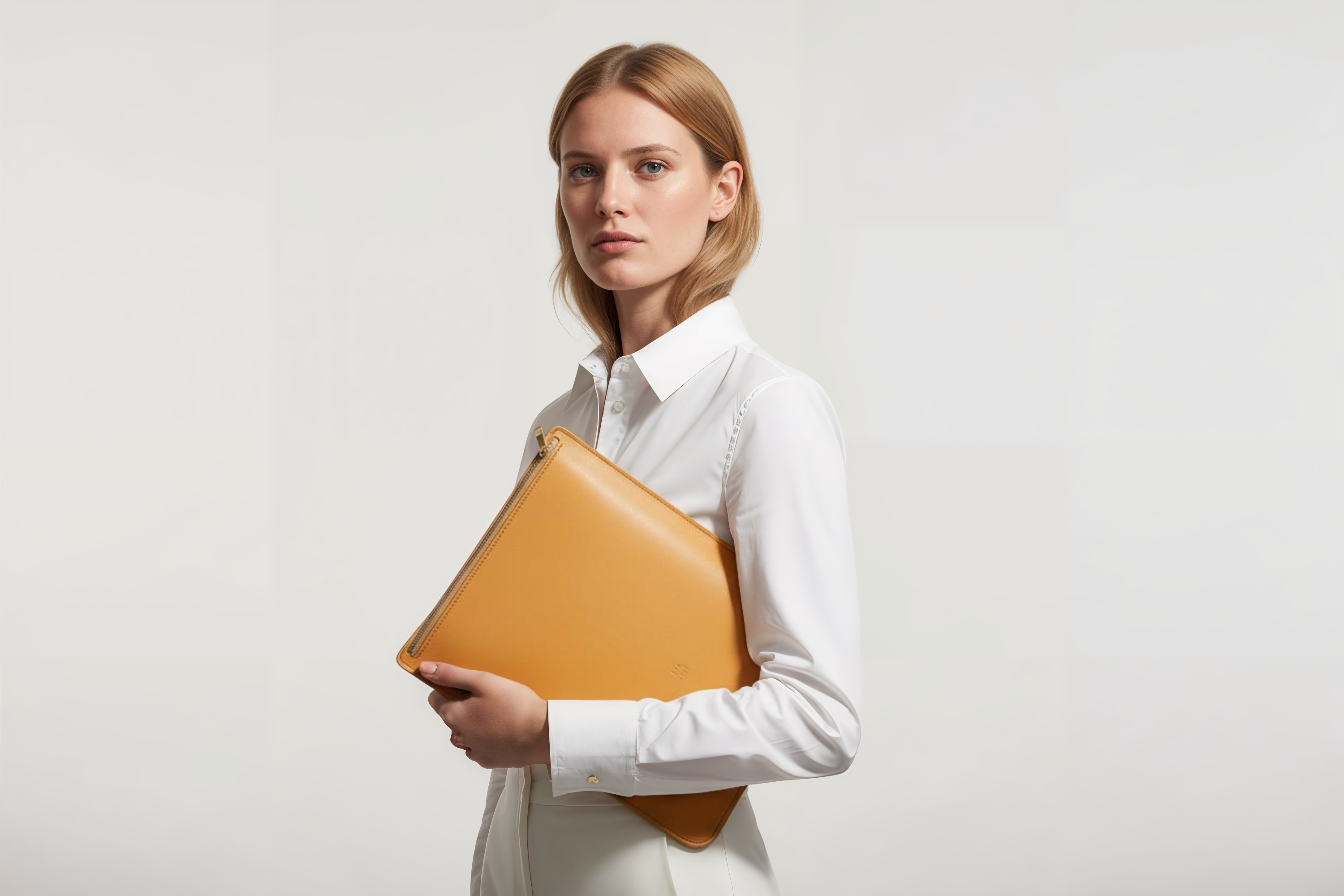 MacBook Sleeve Zipper Brown Leather Vertical On Model Grey Background Minimalistic Premium Design Atelier Madre Manuel Dreesmann Barcelona