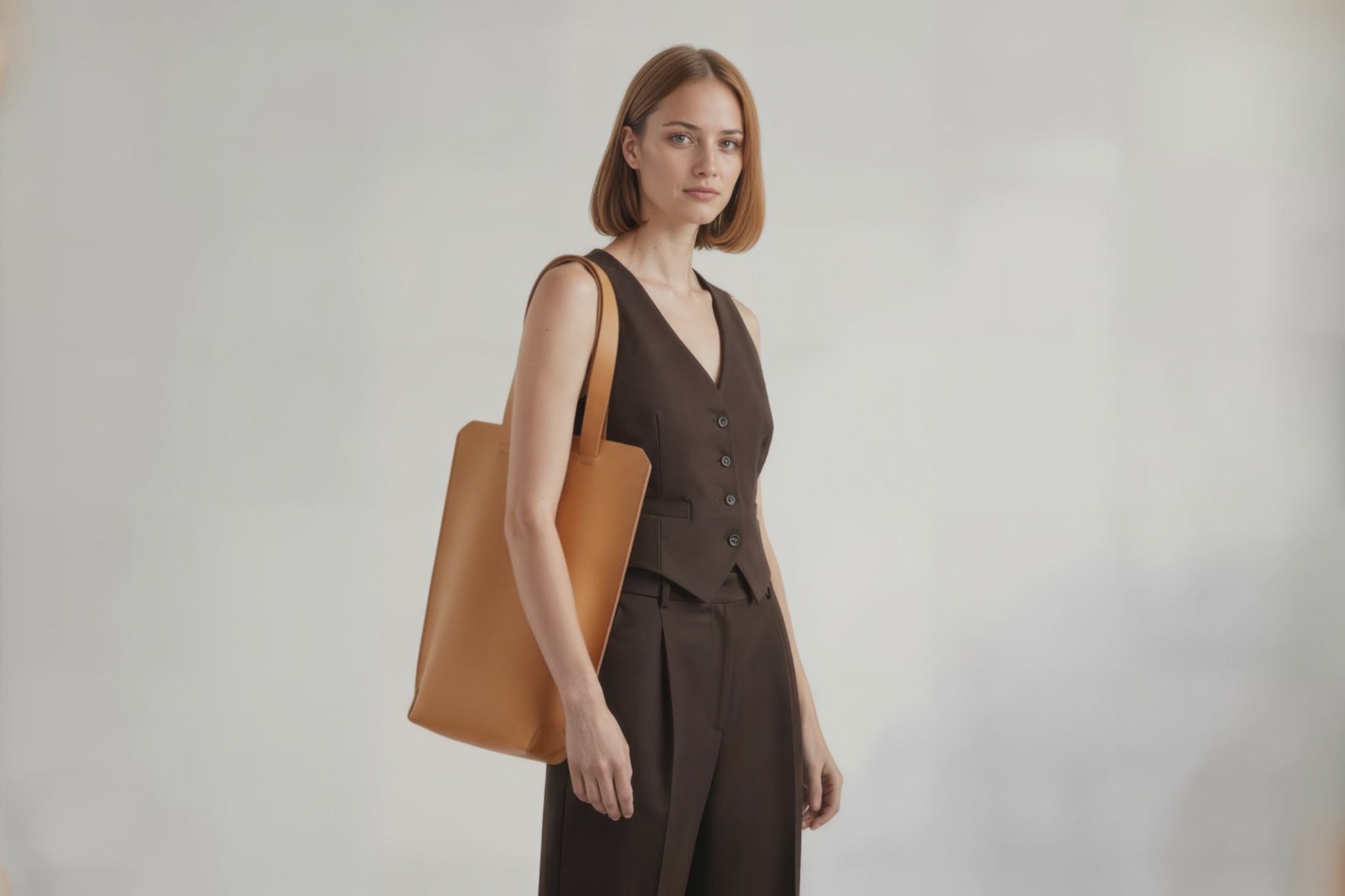 Tote Bag Long Brown Color Leather Bag On A Woman Model Vegetable Tanned Leather Exclusive Quality Craftsmanship Handmade Design By Manuel Dreesmann Atelier Madre Barcelona Spain