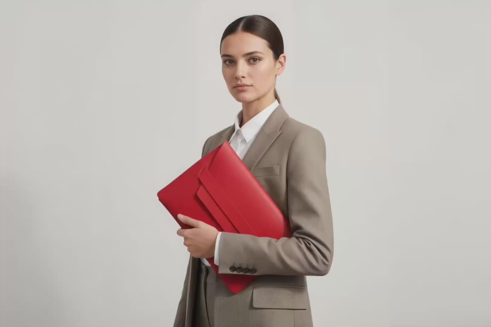 Model is holding a leather sleeve for a MacBook in red color in front of bright background Video Loop minimalistic design atelier Madre Manuel Dreesmann Barcelona Spain