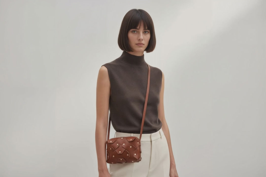 Rivet Bag Small Leather Dark Brown Color Clutch On Model Video Loop Walk Crossbody Shoulder Detachable Full Brass Vegetable Tanned Full Grain Leather High Quality Modern Minimalistic Design Atelier Madre Manuel Dreesmann Barcelona Spain