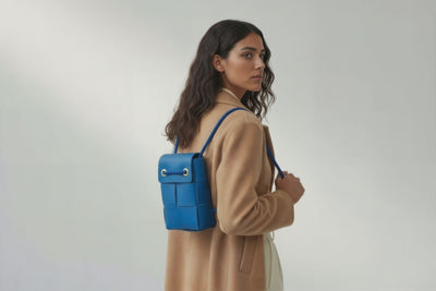 Woven Backpack Medium Royal Blue 
Leather On Model Minimalistic Design Atelier Madre Manuel Dreesmann Barcelona