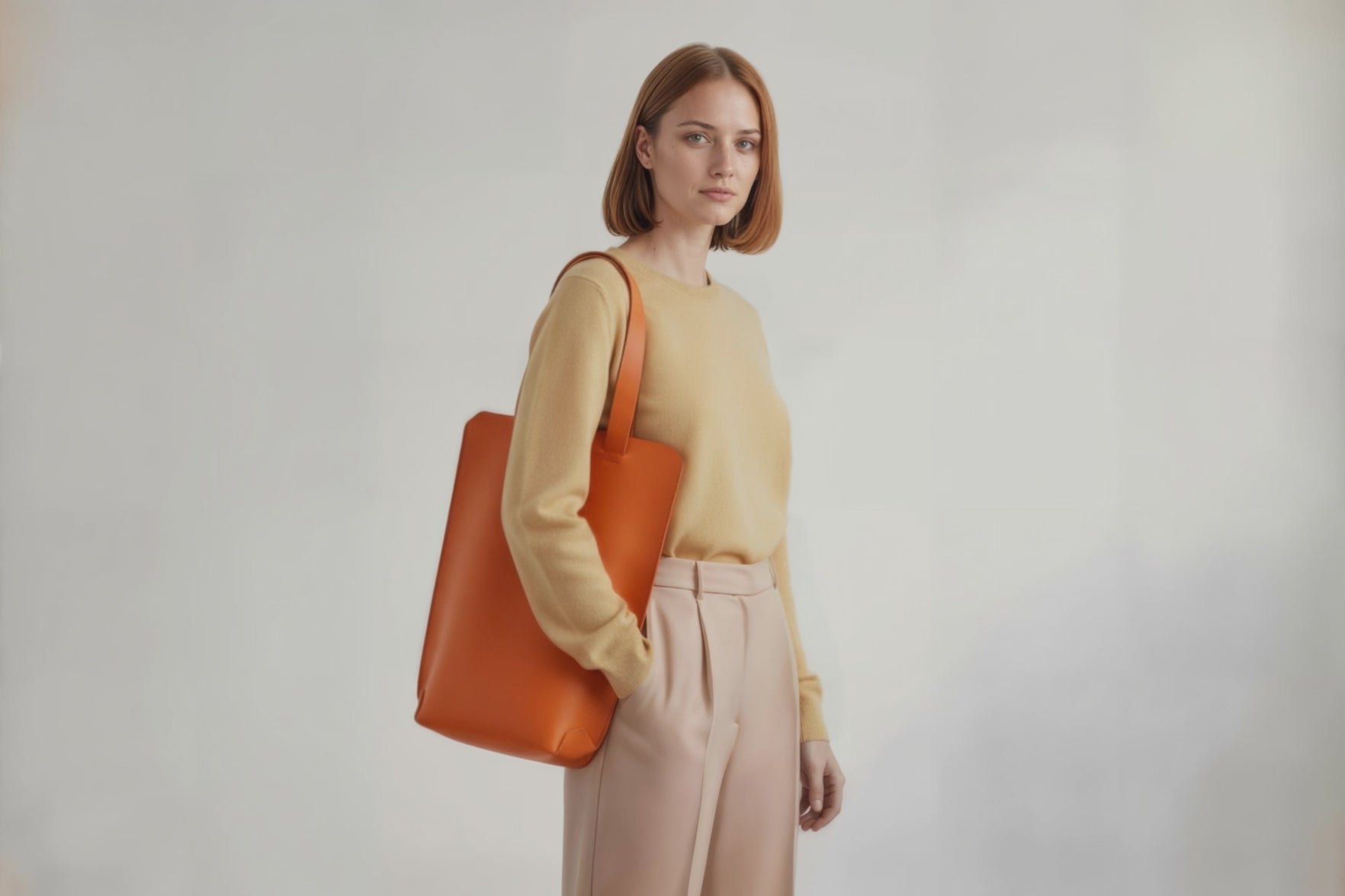 Tote Bag Long Orange Color Leather Bag On A Woman Model Vegetable Tanned Leather Exclusive Quality Craftsmanship Handmade Design By Manuel Dreesmann Atelier Madre Barcelona Spain