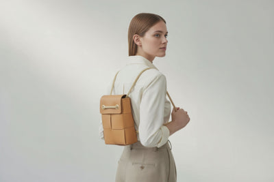 Woven Backpack Medium Brown Leather On Model Minimalistic Design Atelier Madre Manuel Dreesmann Barcelona
