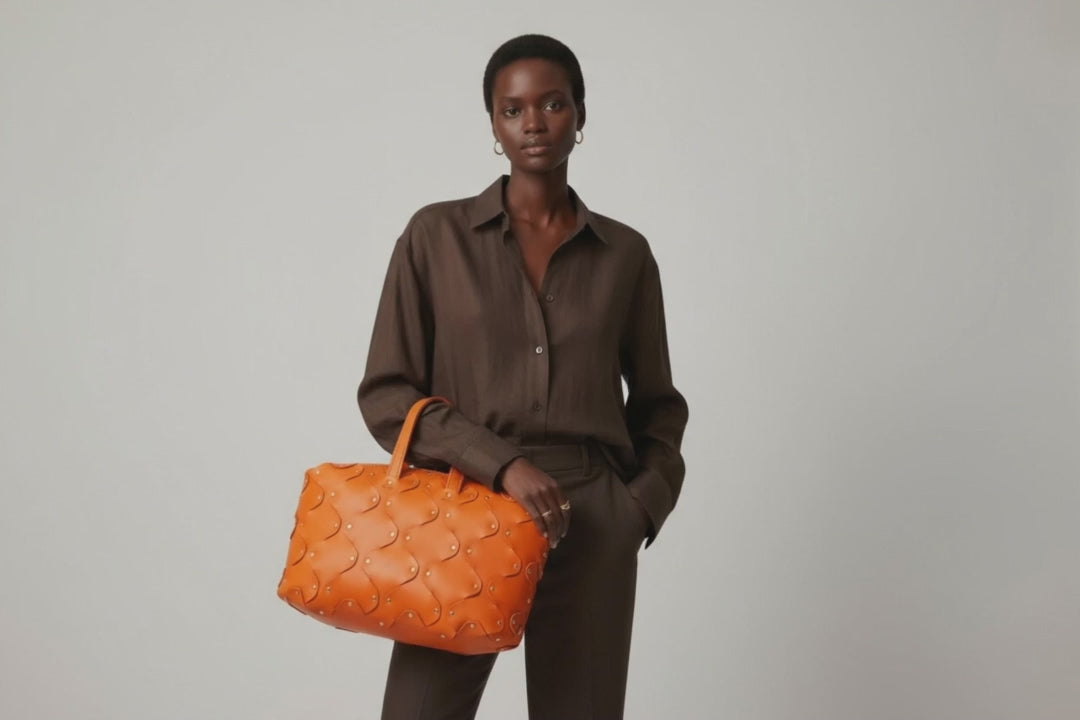 Nauto Leather Orange Color Vegetable Tanned Full Grain Spain Brass Rivets Design Minimalist Modern Big Travel Zipper Office Handbag Atelier Madre Manuel Dreesmann Barcelona