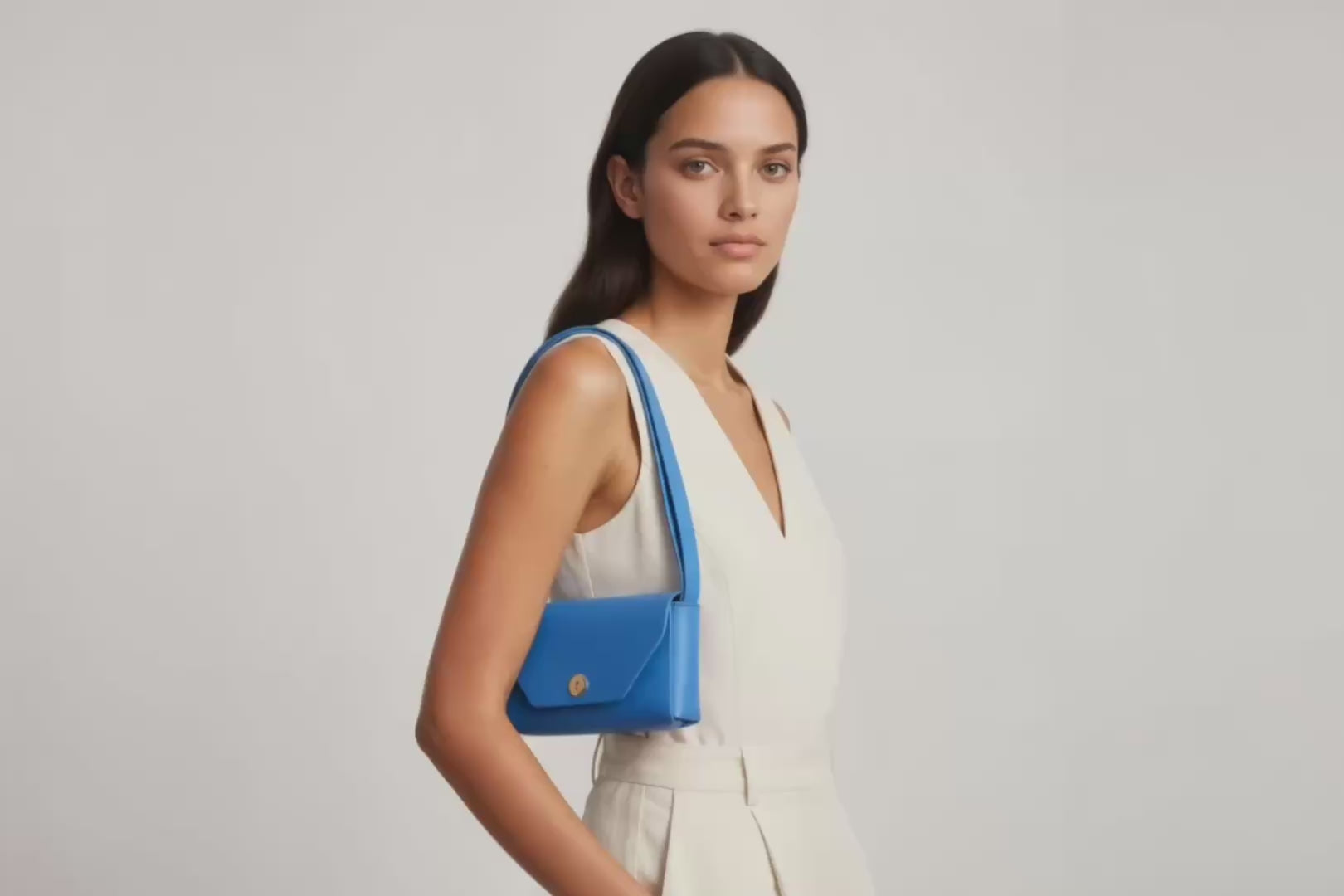 Brick Bag Royal Blue Color Leather On Model Bright Background Vegetable Tanned Leather Loop Video Modern Minimalist Design Premium Quality Atelier Madre Manuel Dreesmann Barcelona Spain