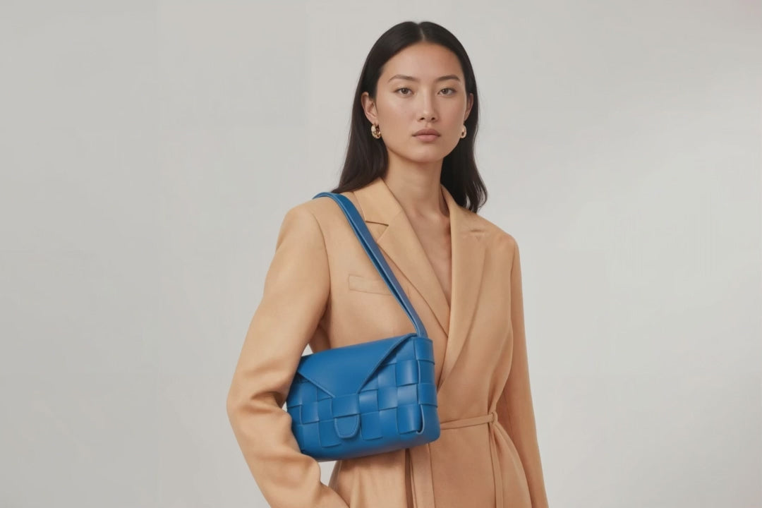 Leather Bag Royal Blue Color Big Saka On A Woman Model Loop Video Braided  Vegetable Tanned Leather Modern Minimalist Design Premium Quality Atelier Madre Manuel Dreesmann Barcelona Spain