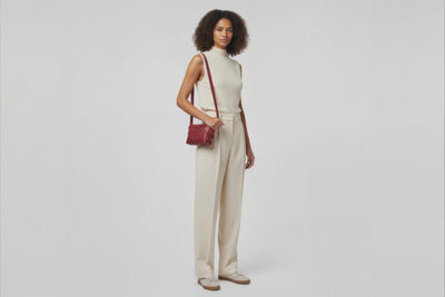 Marlin Leather Bag Small Red Color On A Woman Model Premium Quality Minimalist Design Atelier Madre Manuel Dreesmann Barcelona Spain
