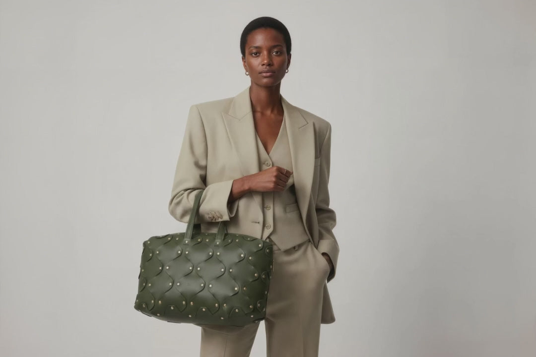 Nauto Leather Olive Green Color Vegetable Tanned Full Grain Spain Brass Rivets Design Minimalist Modern Big Travel Zipper Office Handbag Atelier Madre Manuel Dreesmann Barcelona