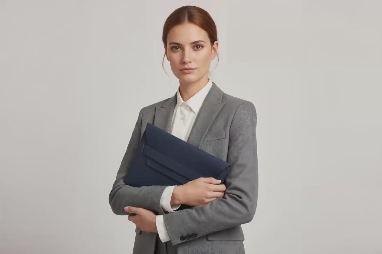 Model is holding a leather sleeve for a MacBook in marine blue color in front of bright background Video Loop minimalistic design atelier Madre Manuel Dreesmann Barcelona Spain