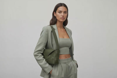 Leather Bag Olive Green Color Big Saka On A Woman Model Loop Video Braided  Vegetable Tanned Leather Modern Minimalist Design Premium Quality Atelier Madre Manuel Dreesmann Barcelona Spain