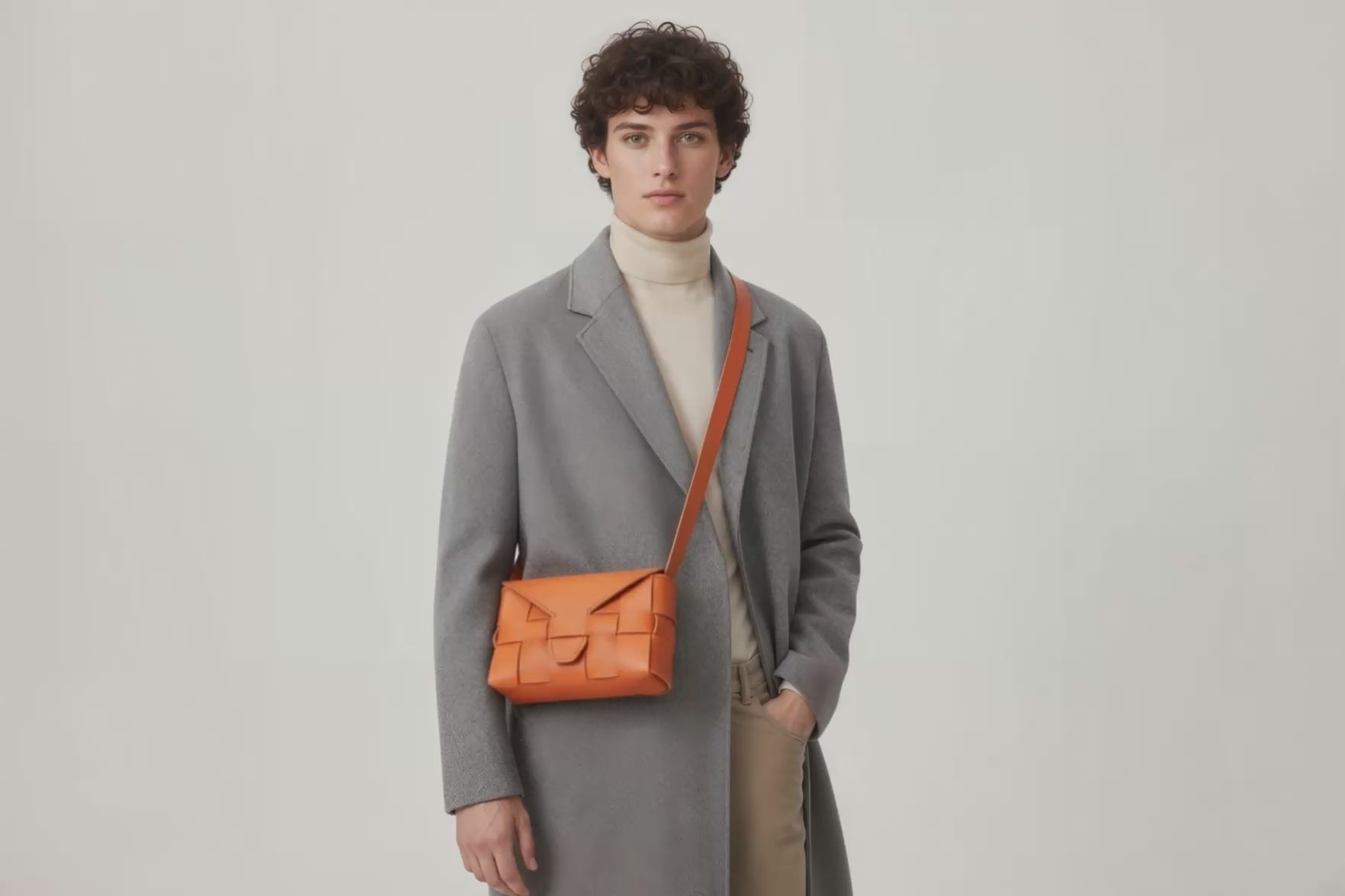 Woven Leather Bag Saka Bag Orange Color Leather On Man Model Bright Background Vegetable Tanned Leather Modern Minimalist Design Premium Quality Atelier Madre Manuel Dreesmann Barcelona Spain Video Loop