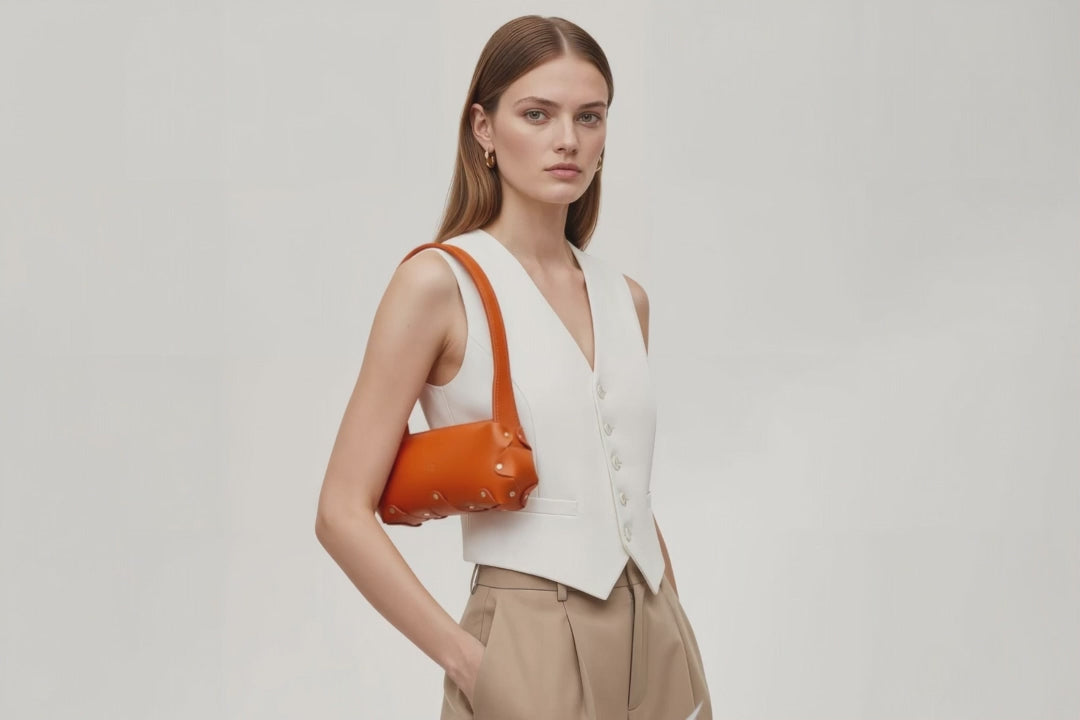 Fiona Bag Small Orange Color Leather On Model Video Loop Walking Zipper Shoulder Bag Minimalist Modern Design Premium Quality Atelier Madre Manuel Dreesmann Barcelona