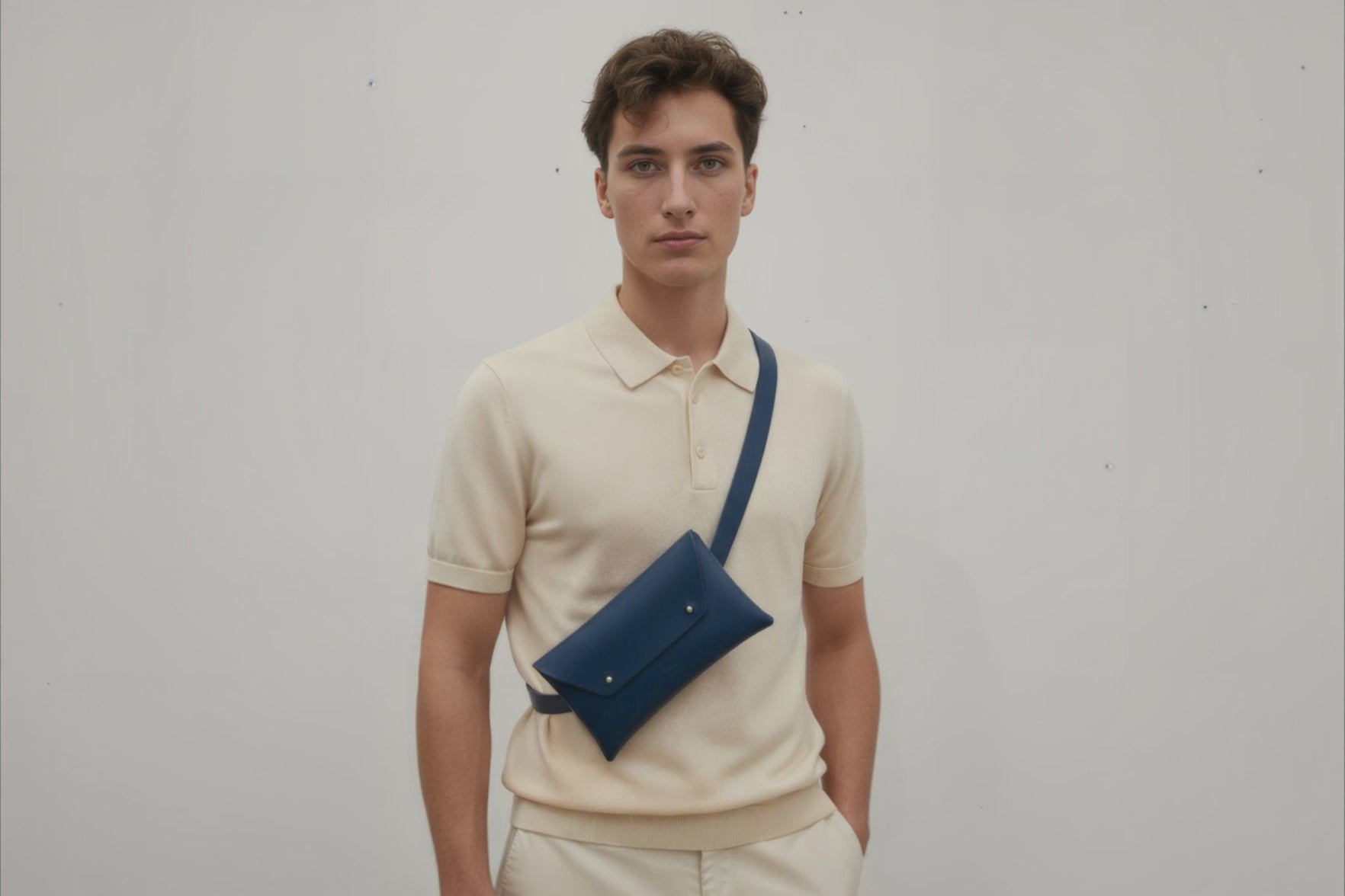 Belt Bag Leather Marine Blue Color On A Man Model Fanny Pack Waist Bag Vegetable Tanned Leather Full Grain Premium Quality Modern Minimalist Design Atelier Madre Manuel Dreesmann Barcelona Spain