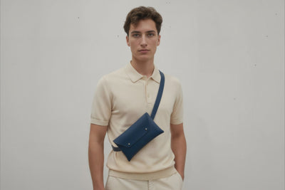 Belt Bag Leather Marine Blue Color On A Man Model Fanny Pack Waist Bag Vegetable Tanned Leather Full Grain Premium Quality Modern Minimalist Design Atelier Madre Manuel Dreesmann Barcelona Spain