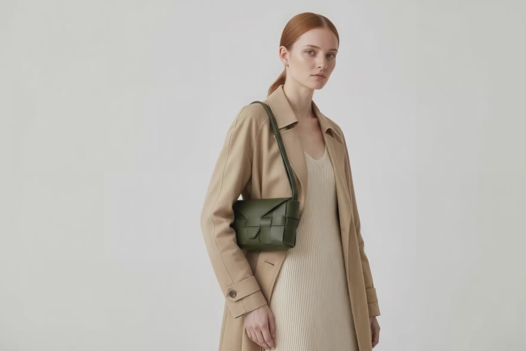Woven Leather Bag Saka Bag Olive Green Color Leather On Woman Model Bright Background Vegetable Tanned Leather Modern Minimalist Design Premium Quality Atelier Madre Manuel Dreesmann Barcelona Spain Video Loop