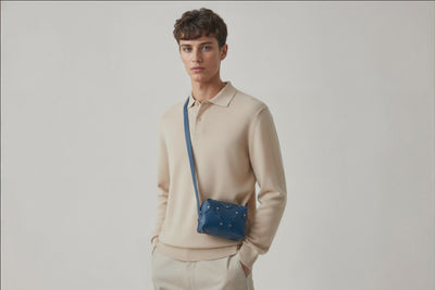 Marlin Leather Bag Small Royal Blue Color On A Man Model Premium Quality Minimalist Design Atelier Madre Manuel Dreesmann Barcelona Spain
