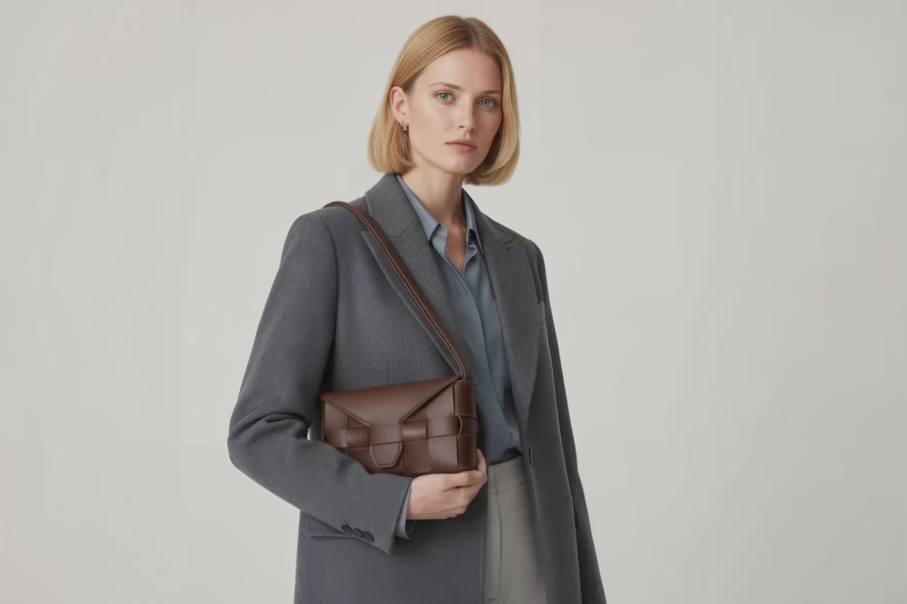 Woven Leather Bag Saka Bag Dark Brown Color Leather On Woman Model Bright Background Vegetable Tanned Leather Modern Minimalist Design Premium Quality Atelier Madre Manuel Dreesmann Barcelona Spain Video Loop