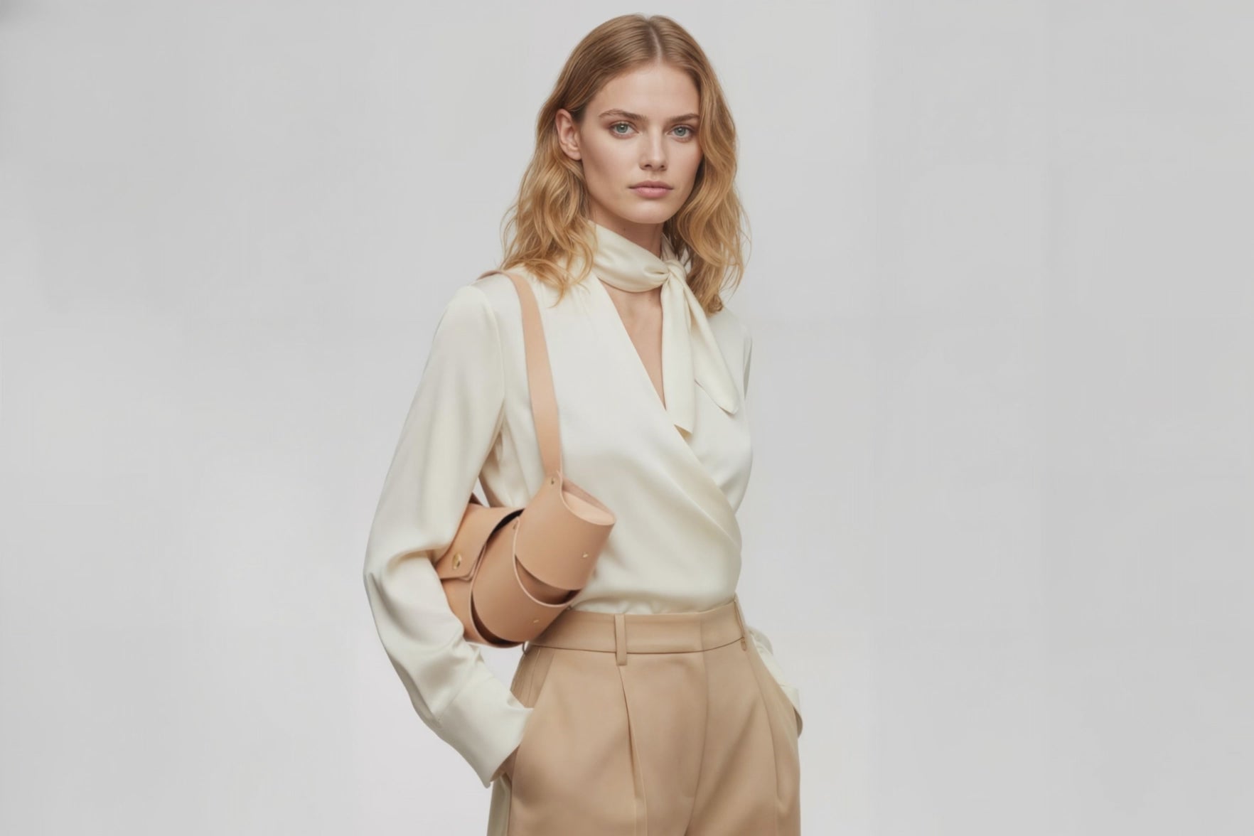 Croissant Bag Big Natural Color Leather Magnetic Closure On A Woman Model Full Grain Vegetable Tanned Leather High Quality Modern Minimalistic Organic Design Full Brass Rivets Atelier Madre Manuel Dreesmann Barcelona Spain