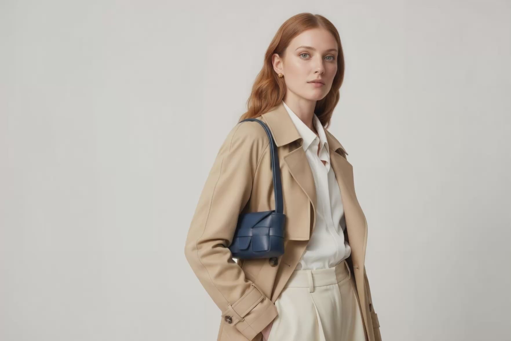 Woman wearing the marine blue small saka leather bag against a plain background. Video Loop Minimalist design from Atelier Madre - Manuel Dreesmann in Barcelona