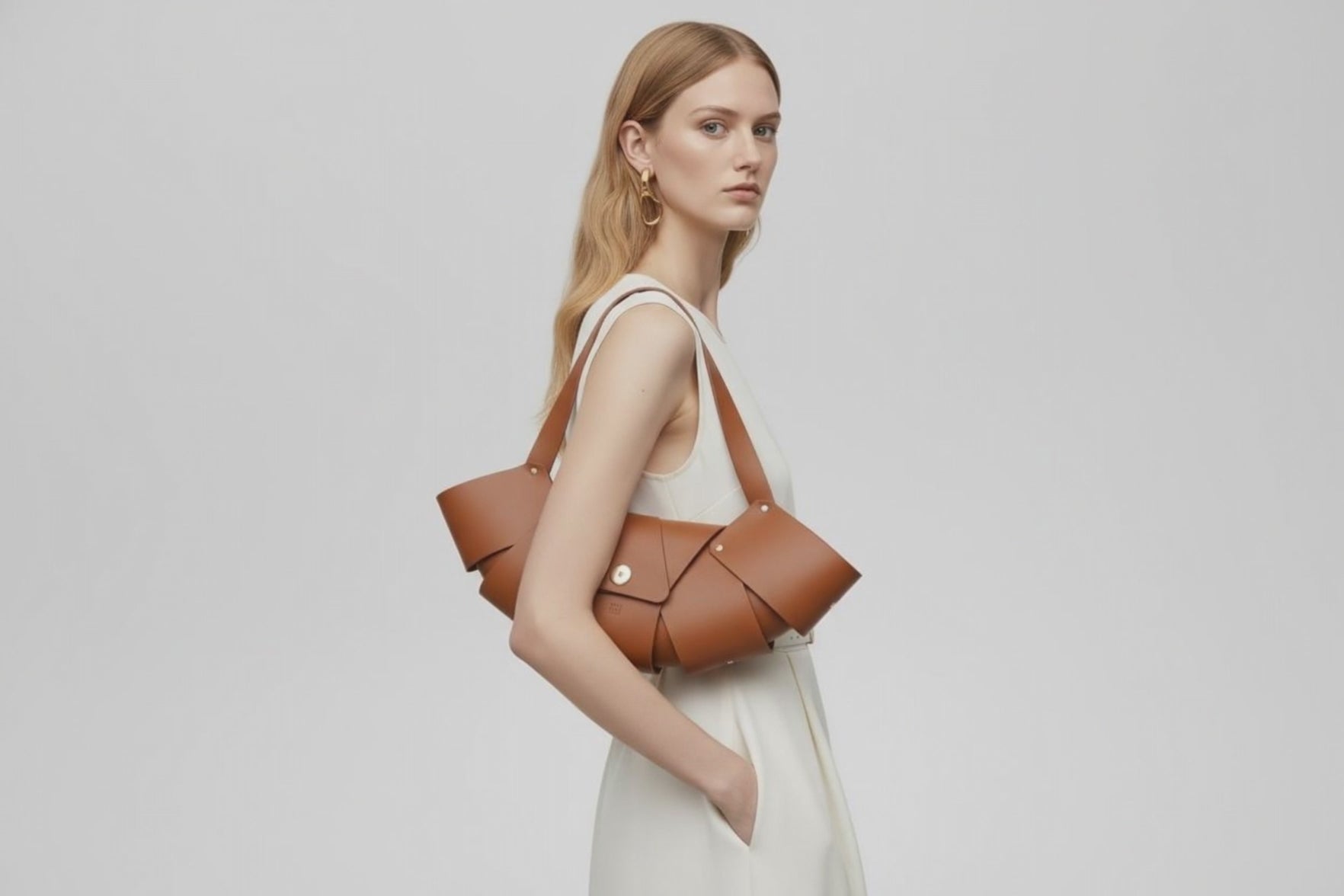 Croissant Bag Big Dark Brown Leather Magnetic Closure On A Woman Model Full Grain Vegetable Tanned Leather High Quality Modern Minimalistic Organic Design Full Brass Rivets Atelier Madre Manuel Dreesmann Barcelona Spain