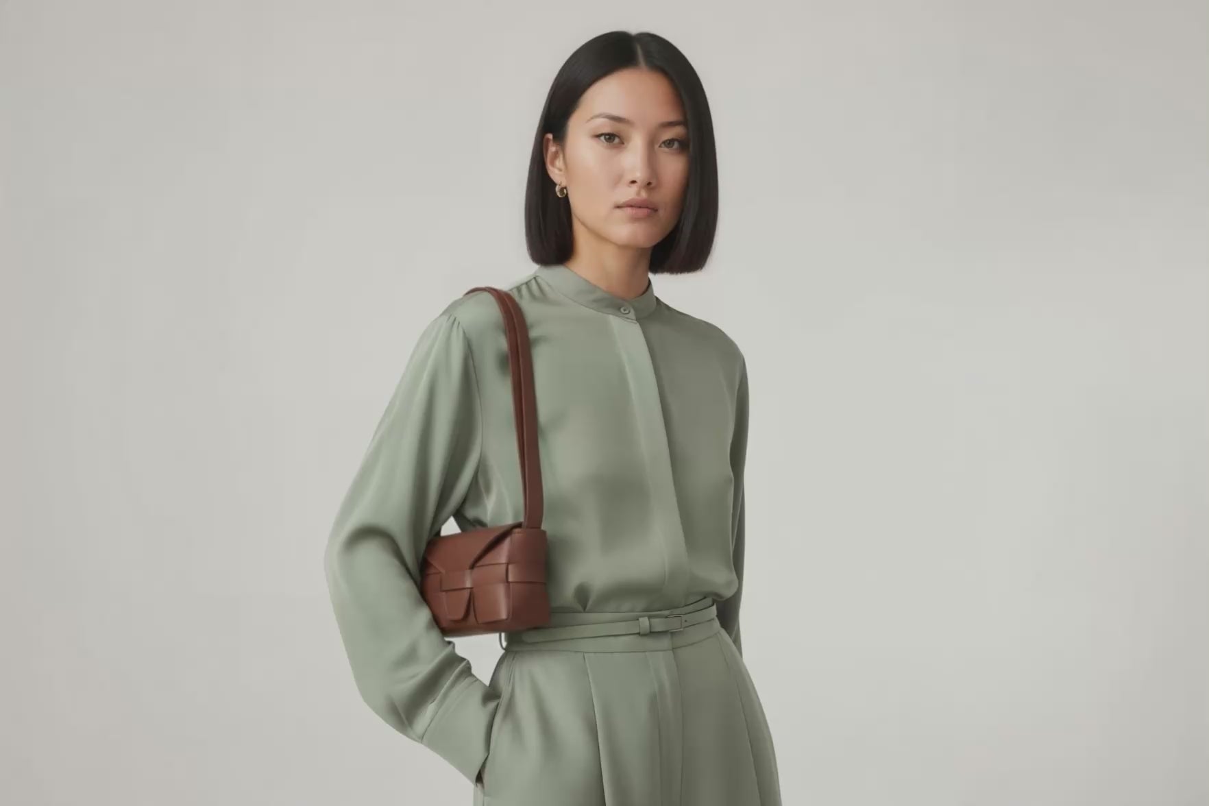 Woman wearing the dark brown small saka leather bag against a plain background. Video Loop Minimalist design from Atelier Madre - Manuel Dreesmann in Barcelona