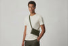 Belt Bag Leather Olive Green Color On A Man Model Fanny Pack Waist Bag Vegetable Tanned Leather Full Grain Premium Quality Modern Minimalist Design Atelier Madre Manuel Dreesmann Barcelona Spain