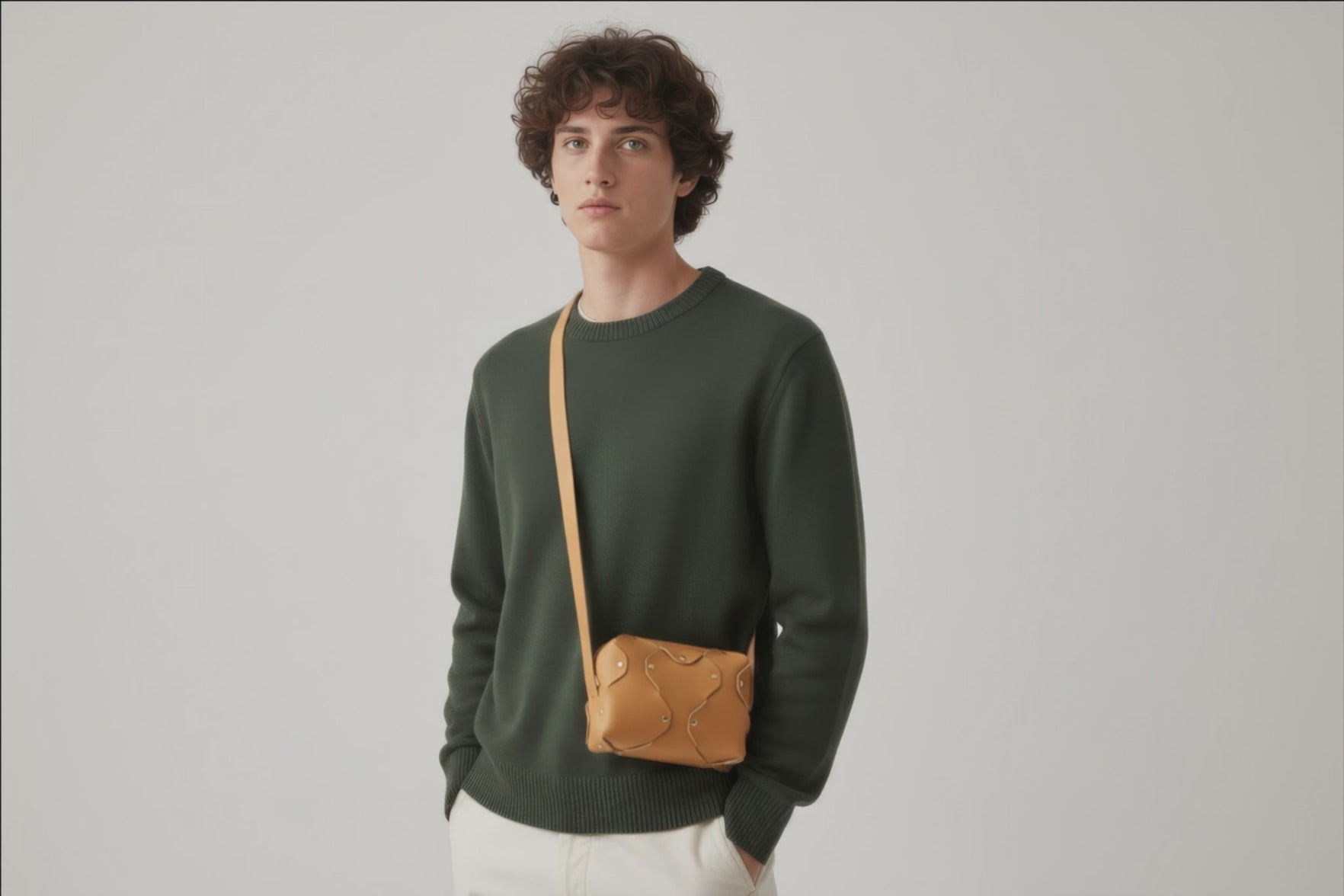 Marlin Leather Bag Small Brown Color On A Man Model Premium Quality Minimalist Design Atelier Madre Manuel Dreesmann Barcelona Spain