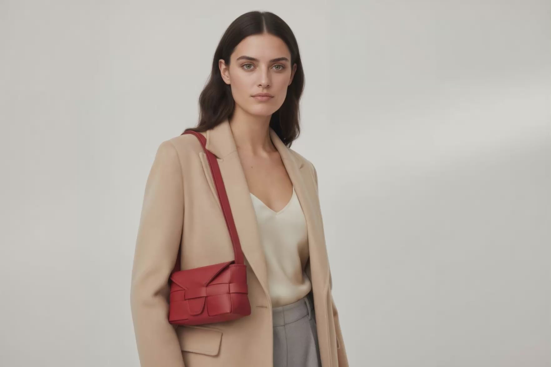 Woman wearing the red small saka leather bag against a plain background. Video Loop Minimalist design from Atelier Madre - Manuel Dreesmann in Barcelona