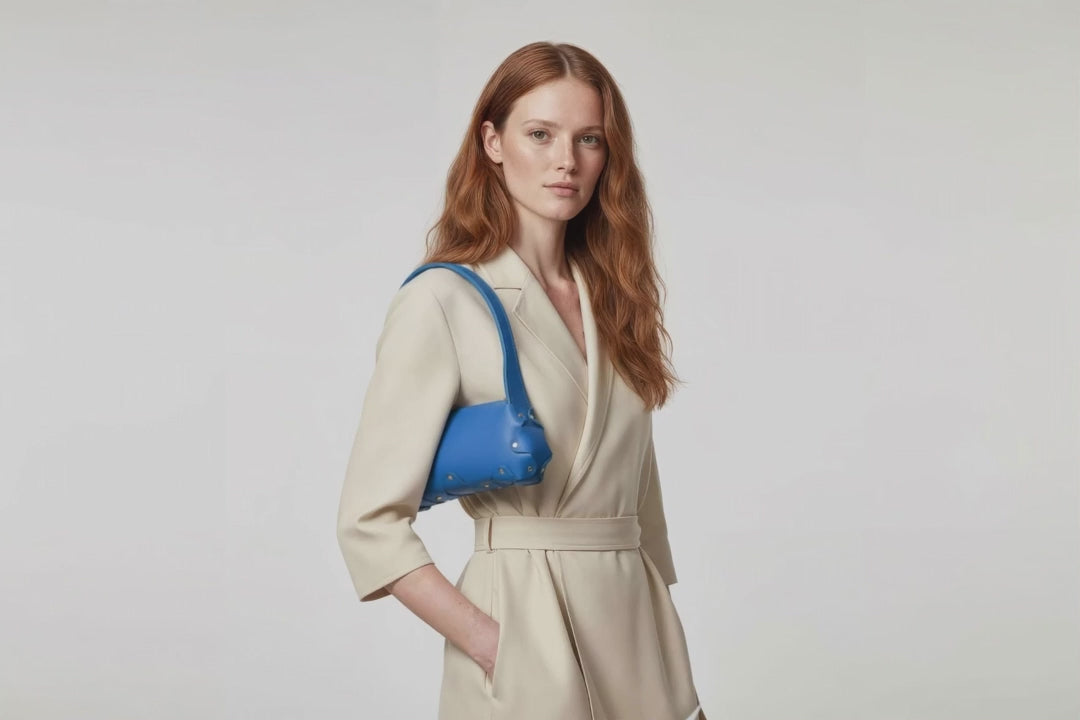 Fiona Bag Small Royal Blue Color On Model Video Loop Walking Leather Zipper Shoulder Bag Minimalist Modern Design Premium Quality Atelier Madre Manuel Dreesmann Barcelona