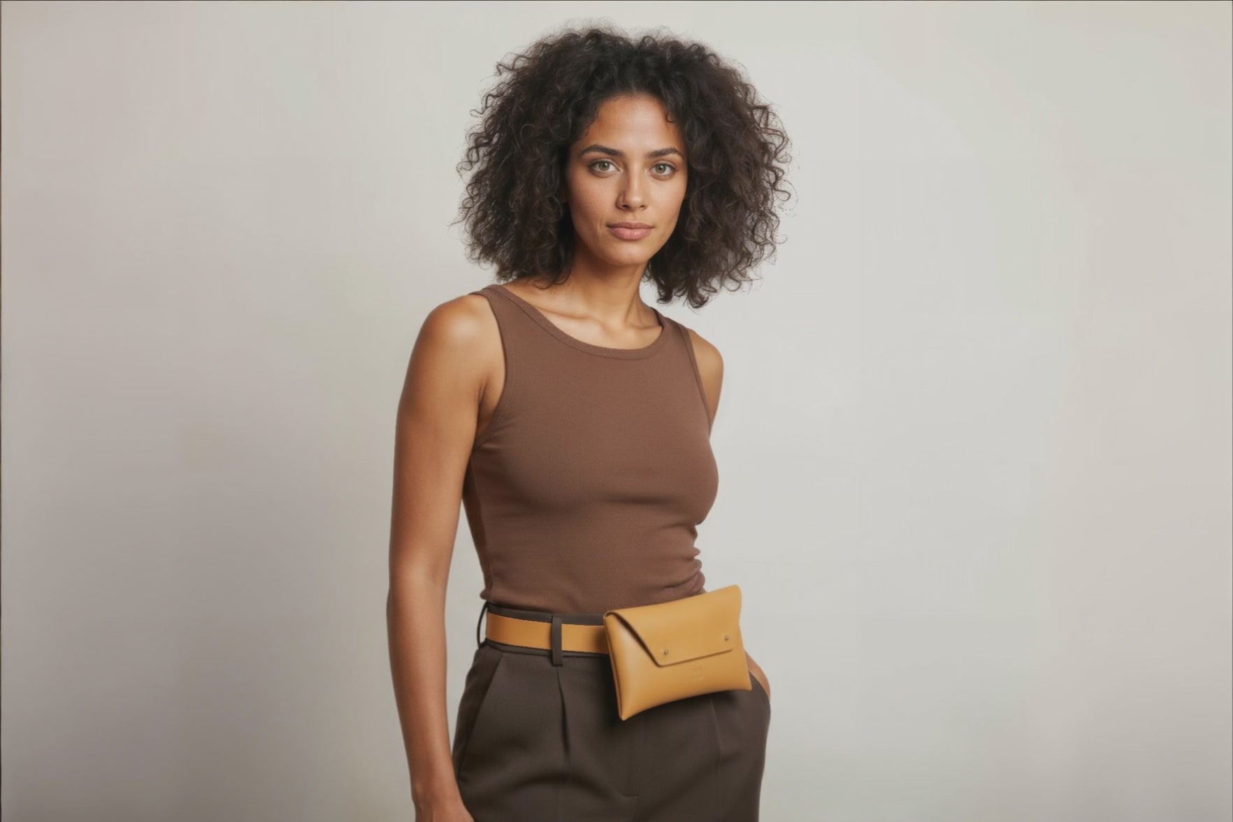 Belt Bag Leather Brown Color On A Woman Model Fanny Pack Waist Bag Vegetable Tanned Leather Full Grain Premium Quality Modern Minimalist Design Atelier Madre Manuel Dreesmann Barcelona Spain