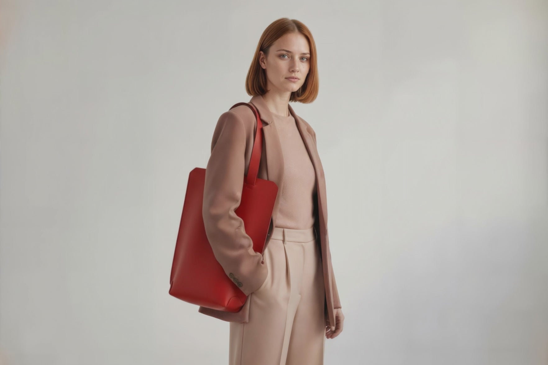 Tote Bag Long Red Color Leather Bag On A Woman Model Vegetable Tanned Leather Exclusive Quality Craftsmanship Handmade Design By Manuel Dreesmann Atelier Madre Barcelona Spain
