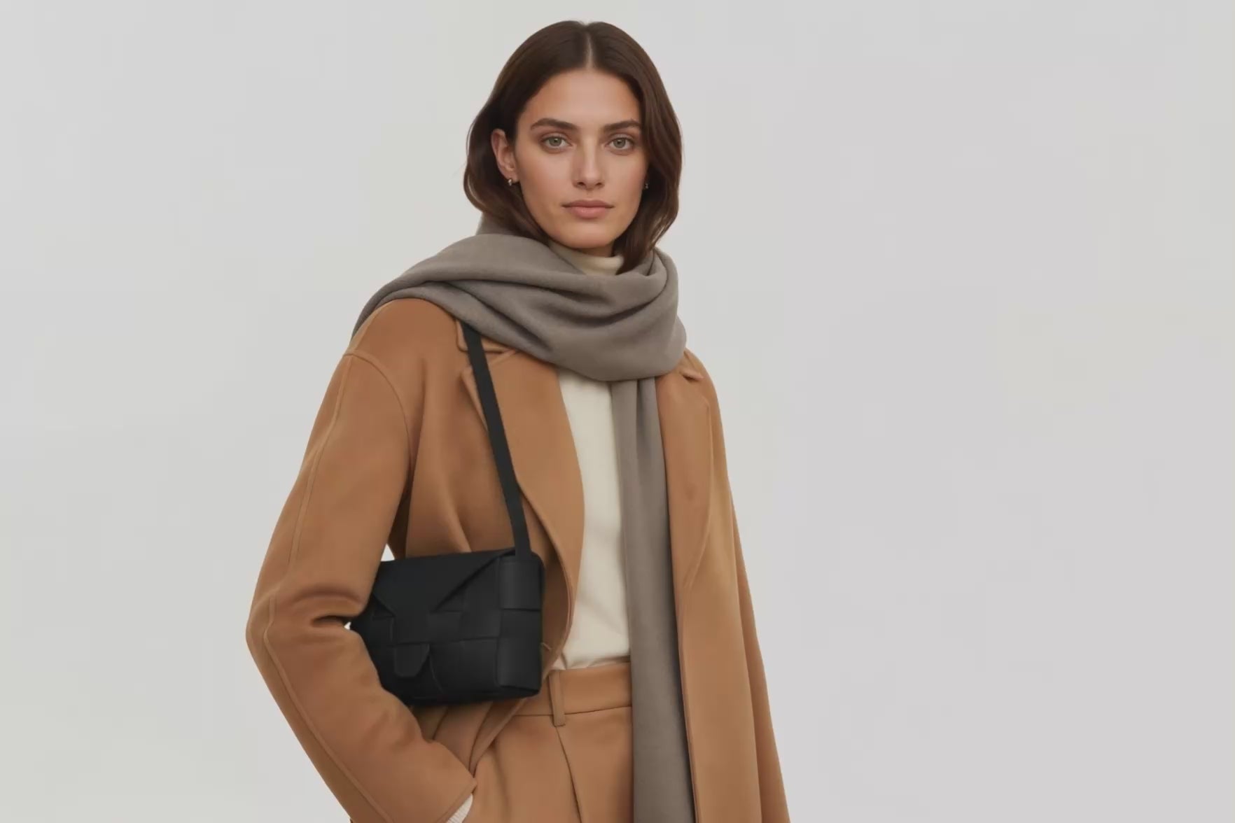 Woven Leather Bag Saka Bag Black Color Leather On Woman Model Bright Background Vegetable Tanned Leather Modern Minimalist Design Premium Quality Atelier Madre Manuel Dreesmann Barcelona Spain Video Loop