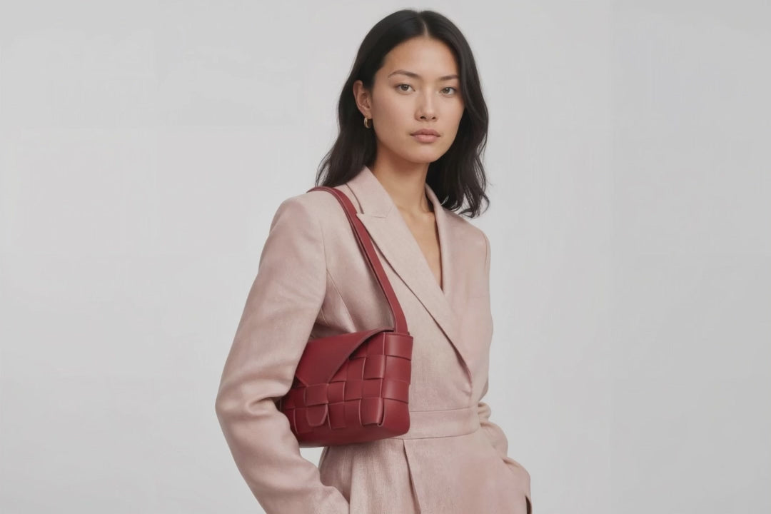 Leather Bag Red Color Big Saka On A Woman Model Loop Video Braided  Vegetable Tanned Leather Modern Minimalist Design Premium Quality Atelier Madre Manuel Dreesmann Barcelona Spain