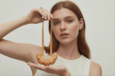 Brown Color Leather Croissant Bag Charm Minimal Premium Design on Model Loops Video Atelier Madre Manuel Dreesmann Barcelona Spain