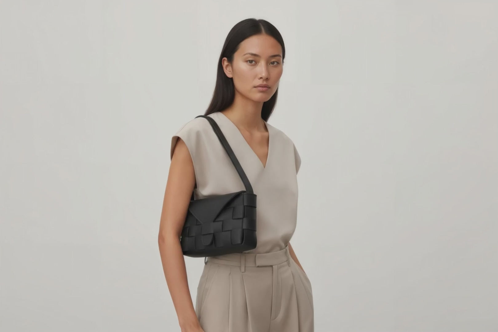 Leather Bag Black Color Big Saka On A Woman Model Loop Video Braided  Vegetable Tanned Leather Modern Minimalist Design Premium Quality Atelier Madre Manuel Dreesmann Barcelona Spain