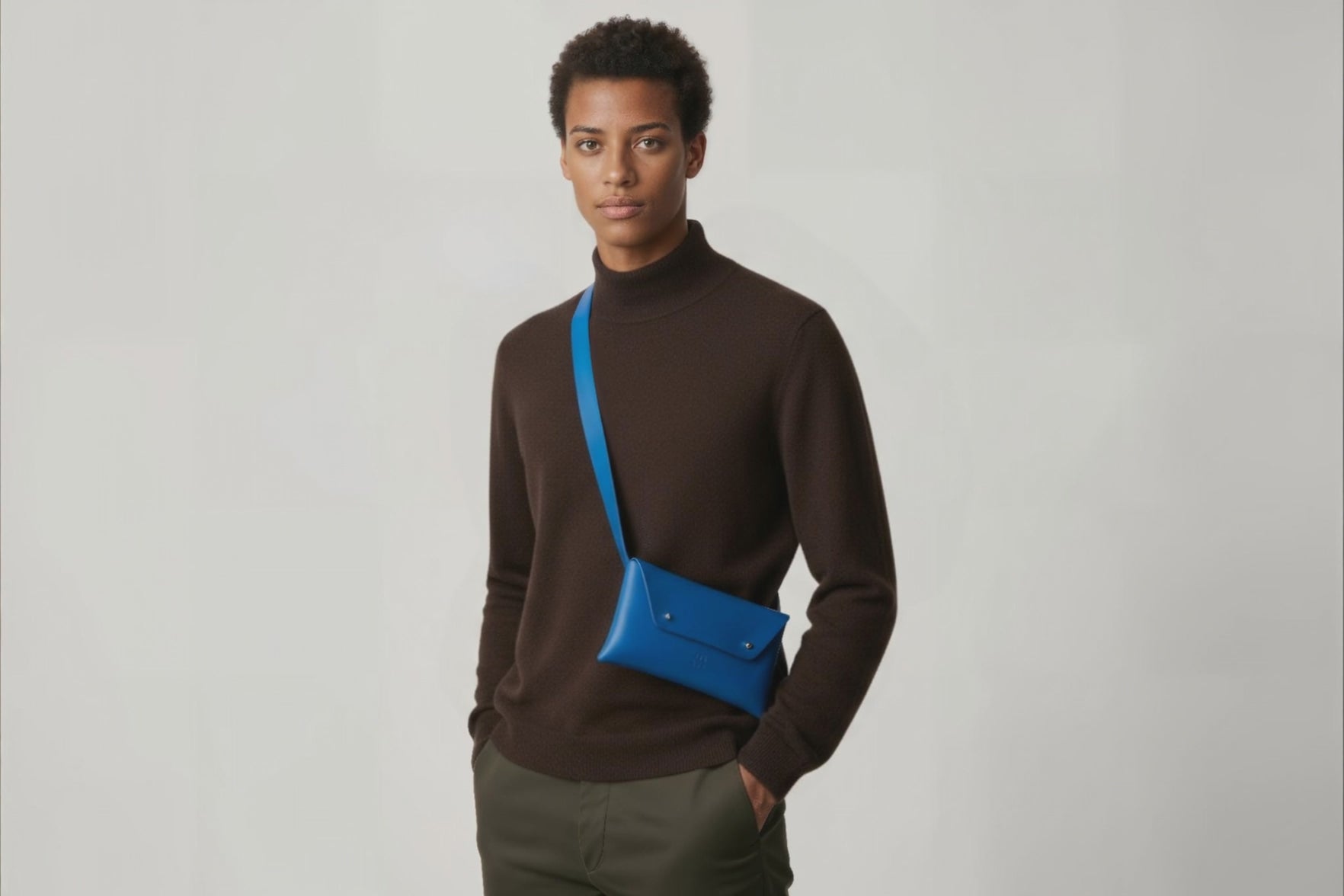 Belt Bag Leather Royal Blue Color On A Man Model Fanny Pack Waist Bag Vegetable Tanned Leather Full Grain Premium Quality Modern Minimalist Design Atelier Madre Manuel Dreesmann Barcelona Spain