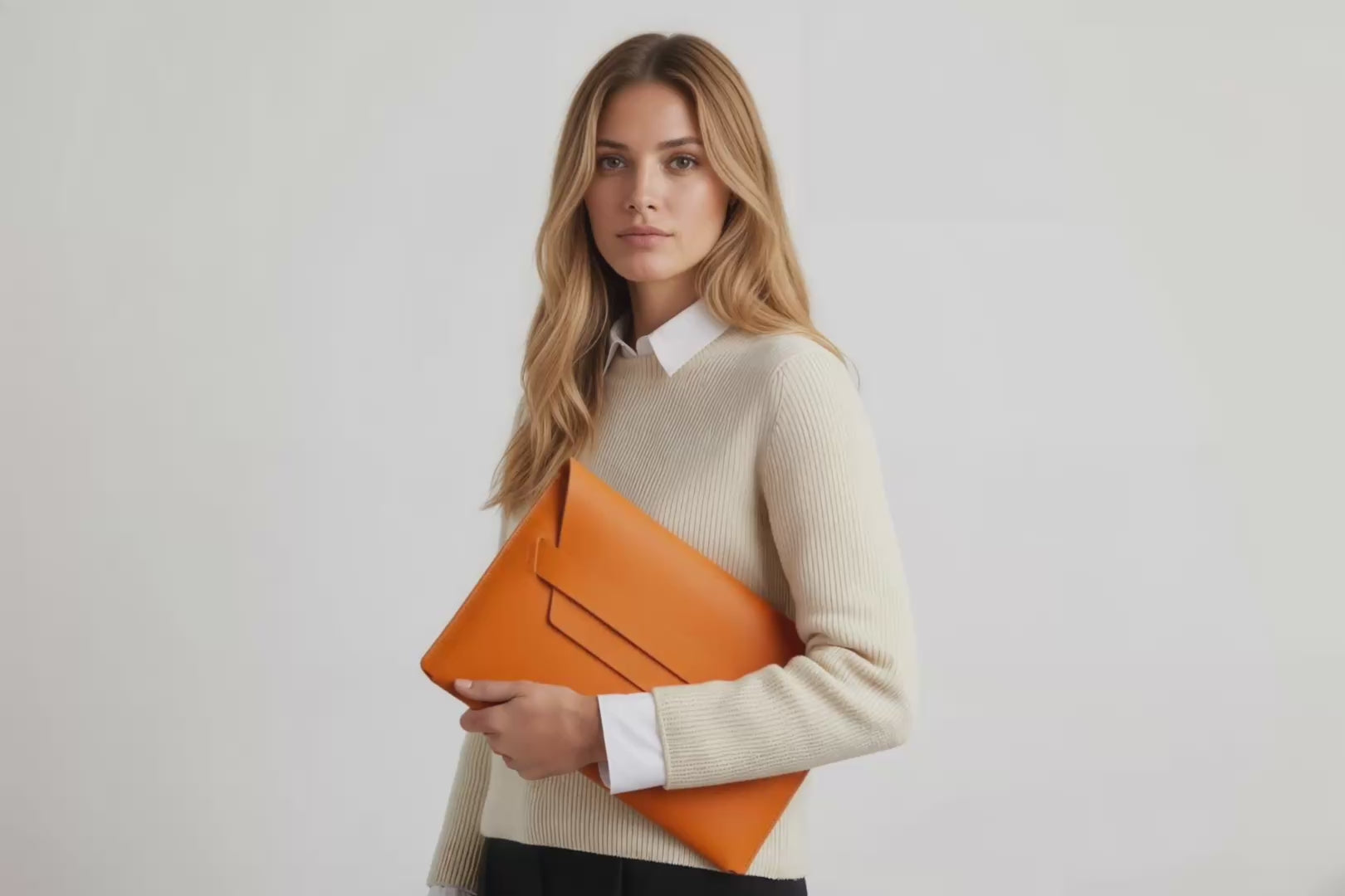 Model is holding a leather sleeve for a MacBook in orange color in front of bright background Video Loop minimalistic design atelier Madre Manuel Dreesmann Barcelona Spain