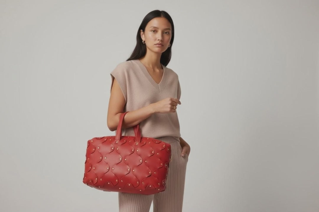 Nauto Leather Red Color Vegetable Tanned Full Grain Spain Brass Rivets Design Minimalist Modern Big Travel Zipper Office Handbag Atelier Madre Manuel Dreesmann Barcelona