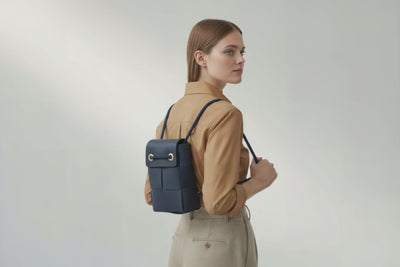 Woven Backpack Medium Marine Blue Leather On Model Minimalistic Design Atelier Madre Manuel Dreesmann Barcelona
