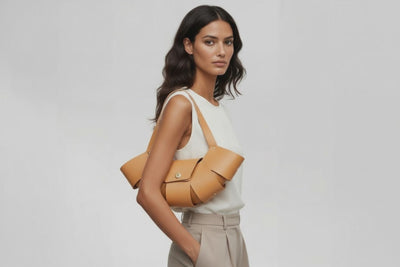 Croissant Bag Big Brown Leather Magnetic Closure On A Woman Model Full Grain Vegetable Tanned Leather High Quality Modern Minimalistic Organic Design Full Brass Rivets Atelier Madre Manuel Dreesmann Barcelona Spain